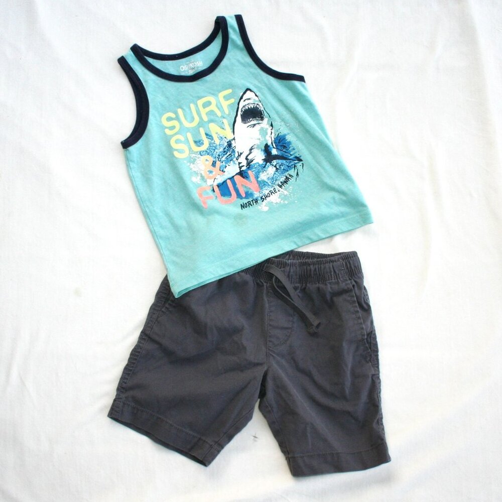 🦈 BOYS 4T SHARK TANK TOP & GRAY CANVAS SHORTS Sz 4/5 LOT KIDS PLAY CLOTHES